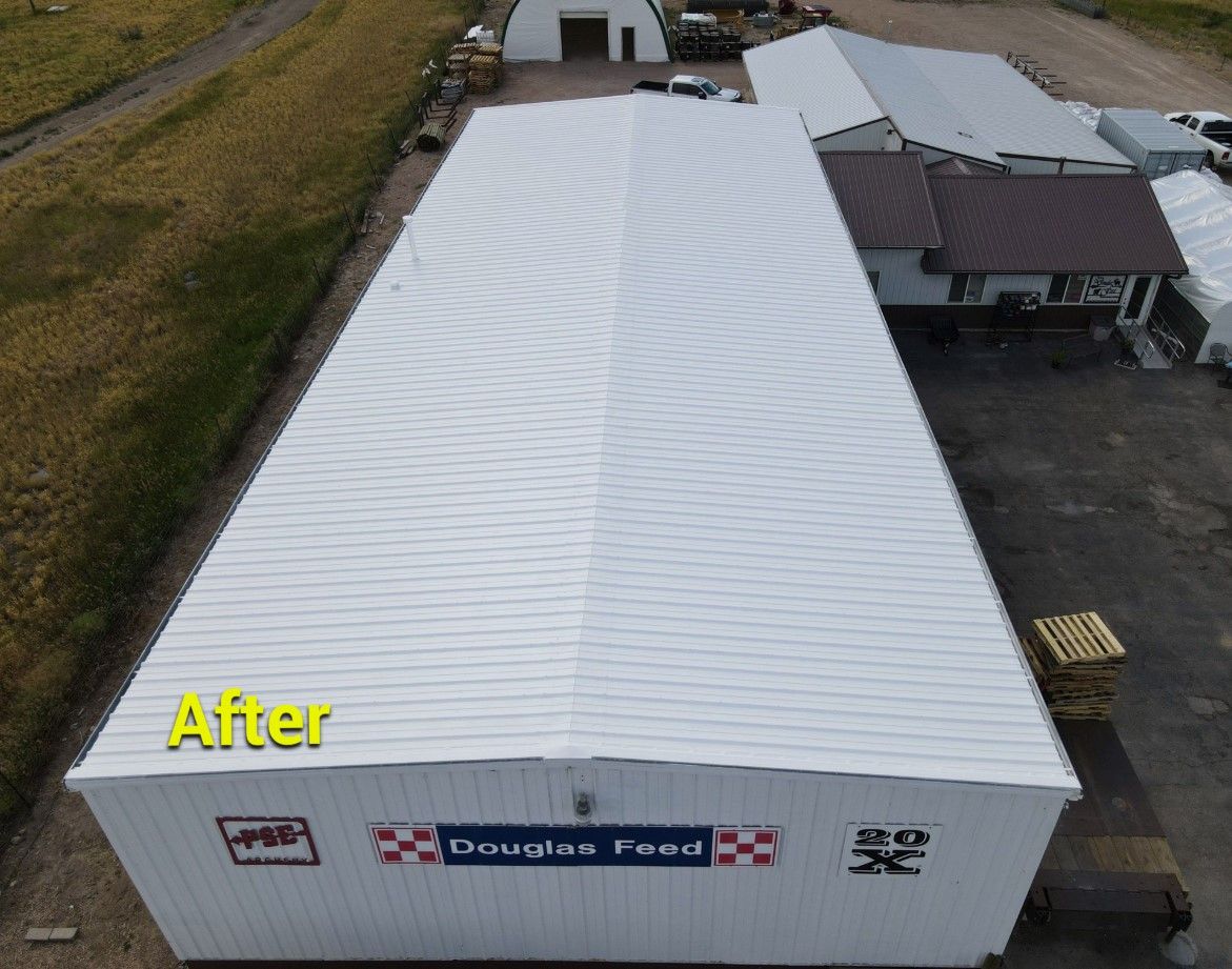 An aerial view of a building with the word after on it