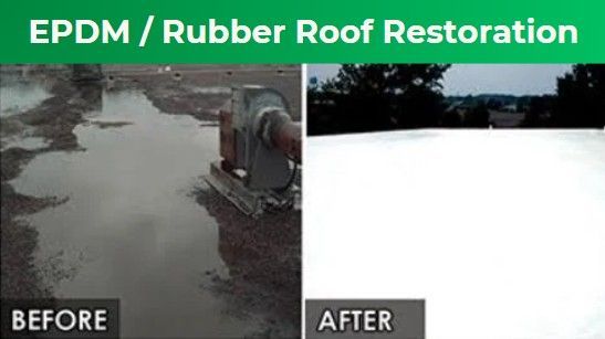 A before and after picture of a rubber roof restoration