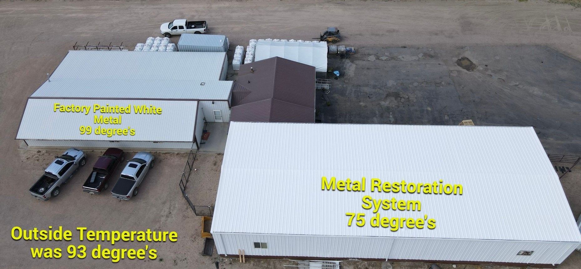 An aerial view of a building that says outside temperature was 93 degrees