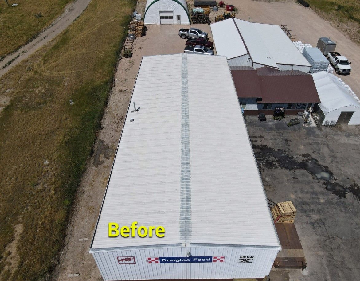 An aerial view of a building with the word before on it