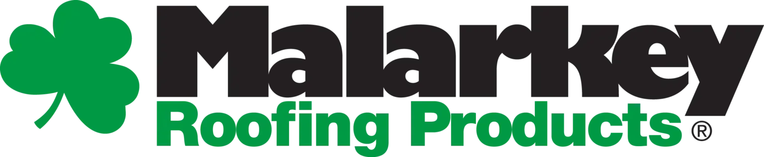 The logo for malarkey roofing products is black and green