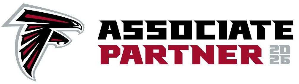 Atlanta Falcons “Associate Partner” logo with black, red, and white text on a white background