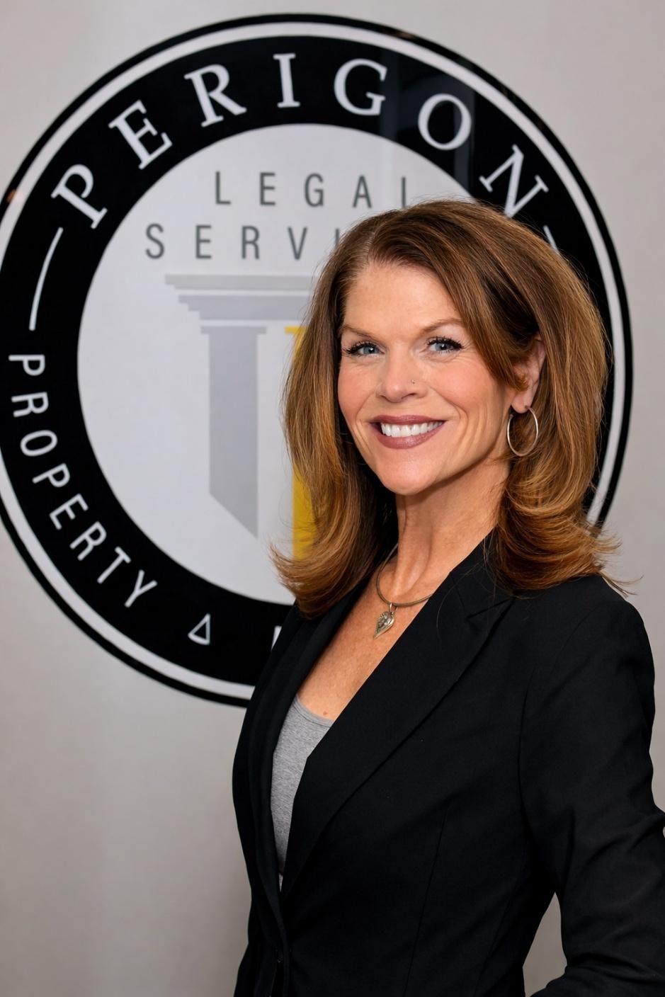 Woman in black blazer standing in front of a Perigon Legal Services sign, smiling.