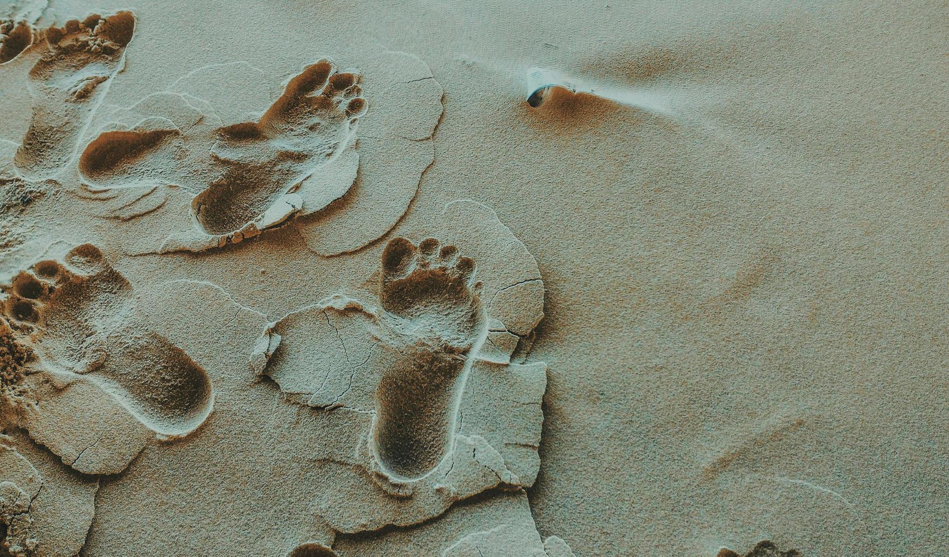 Een groep voetafdrukken in het zand op een strand.