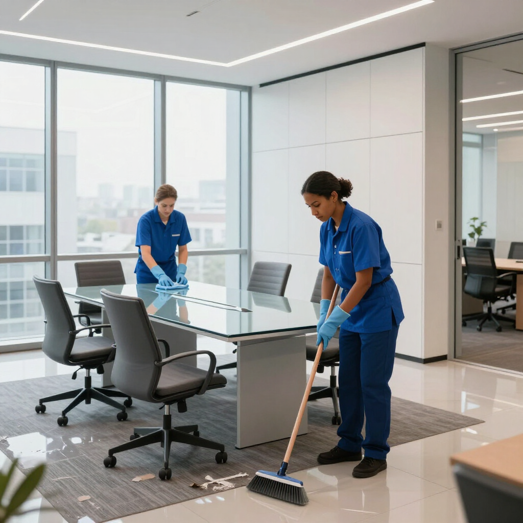 Two cleaners in blue uniforms mopping a modern office conference room with glass table and chairs