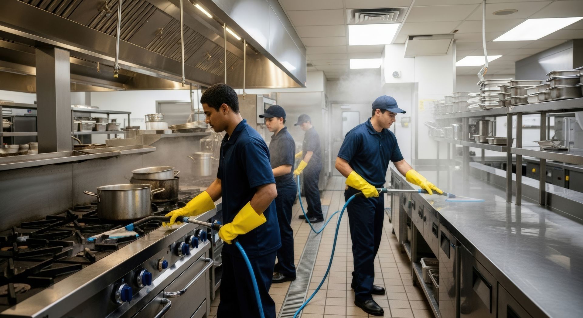 Workers in blue uniforms and yellow gloves cleaning a stainless-steel commercial kitchen.