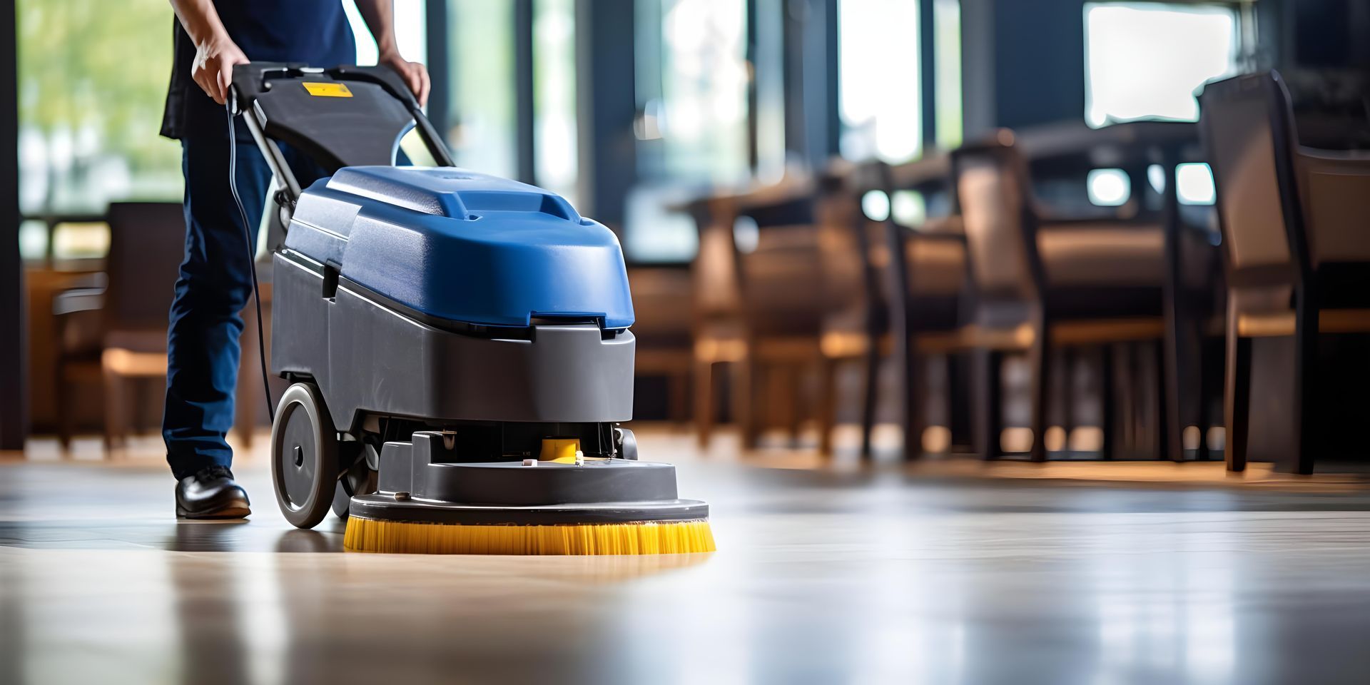 Person cleaning a polished floor with a blue industrial floor scrubber in a bright room