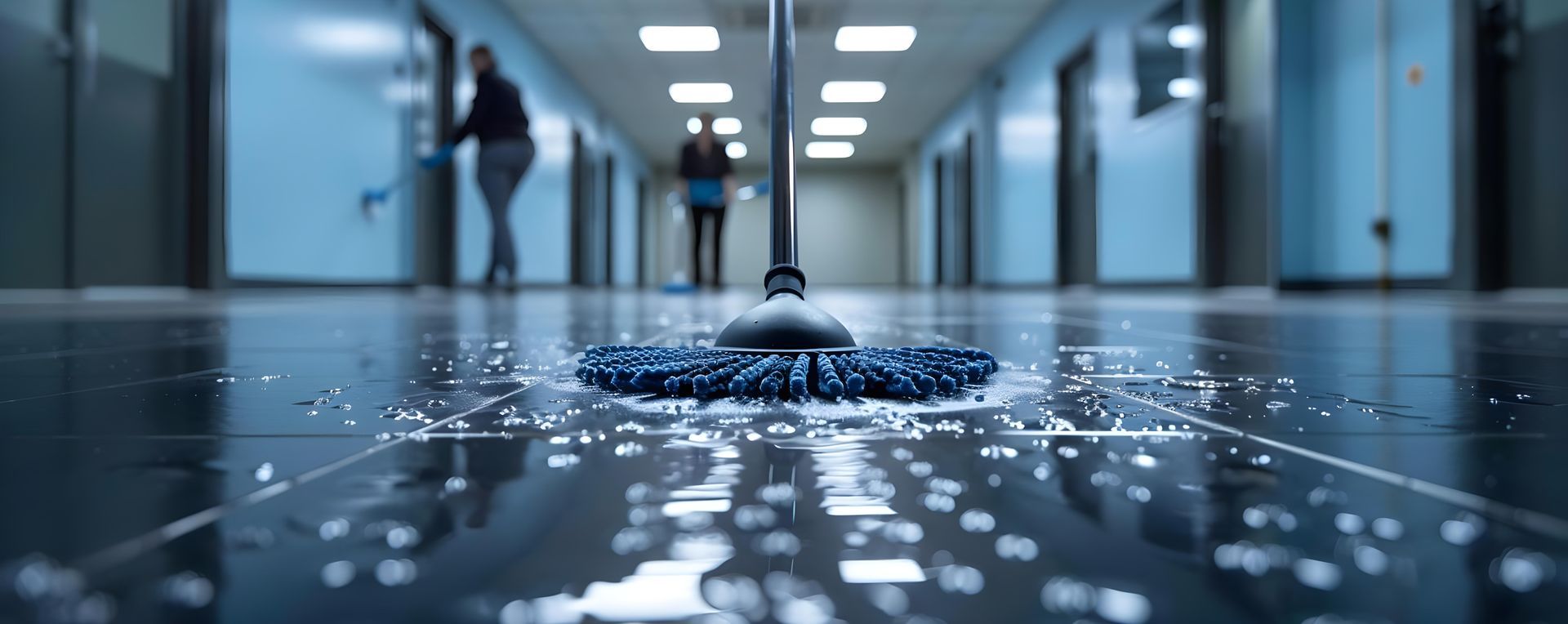 Water leaking through a ceiling onto a tiled hallway floor, with blurred people in the background