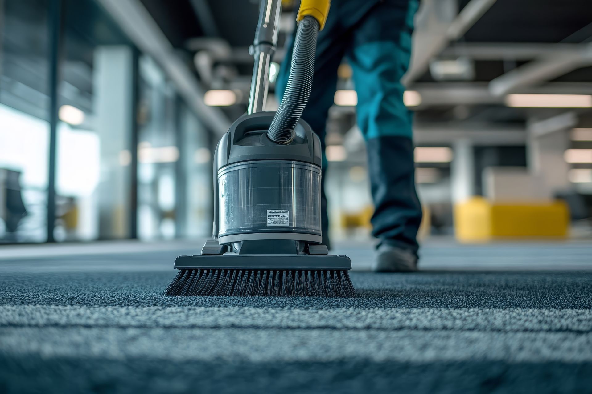 Person using a vacuum cleaner on an office carpet indoors