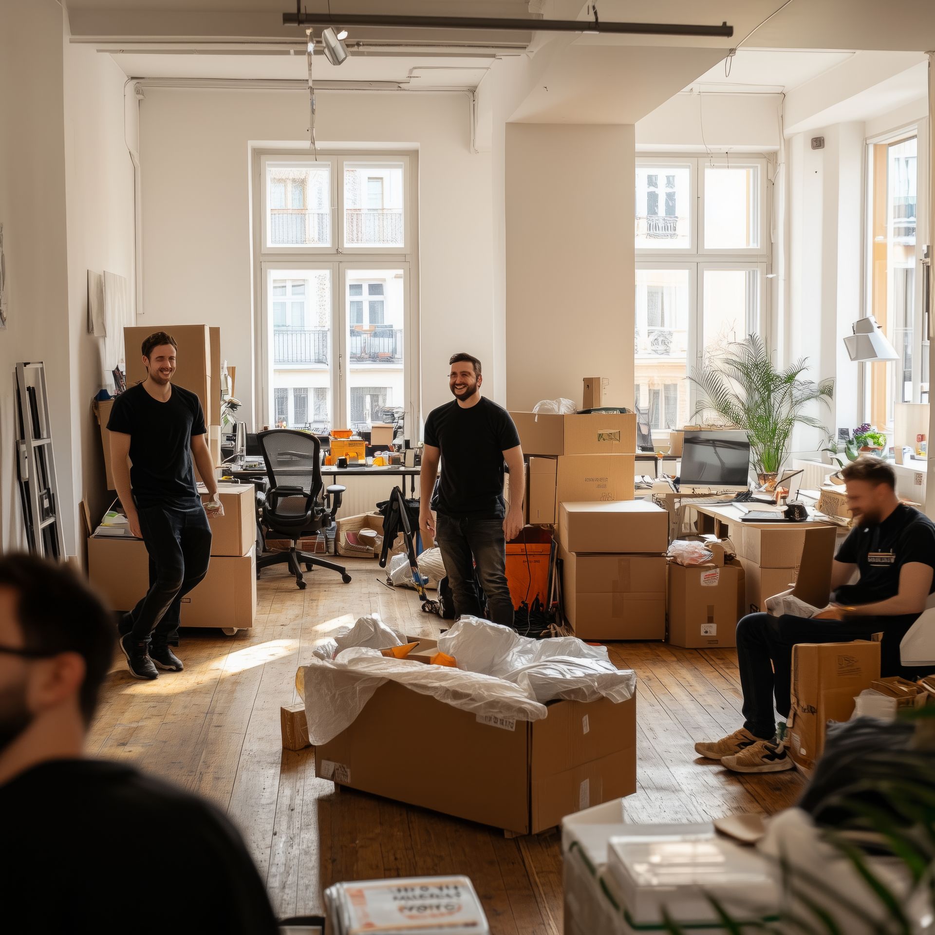 People moving boxes in a bright office during a relocation or setup.