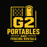 Logo for G2 Portables and Fencing Rentals in yellow on black.  Includes a portable toilet, a fence, and the text 