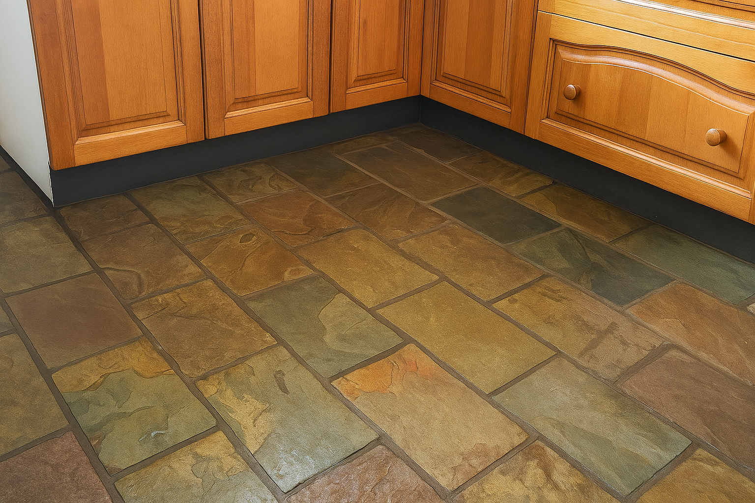 A Kitchen With a Tile Floor and Wooden Cabinets — Lease Clean Newcastle in Newcastle, NSW