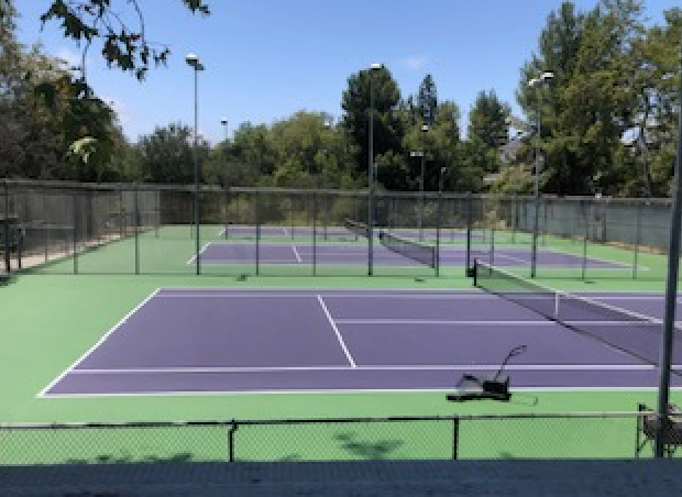 A tennis court with a purple court and a green court