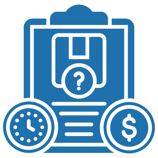 A blue icon of a clipboard with a question mark , a clock , and a dollar sign.