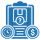 A blue icon of a clipboard with a question mark , a clock , and a dollar sign.