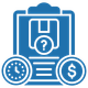 A blue icon of a clipboard with a question mark , a clock , and a dollar sign.