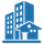 A blue icon of a city with buildings and a house.