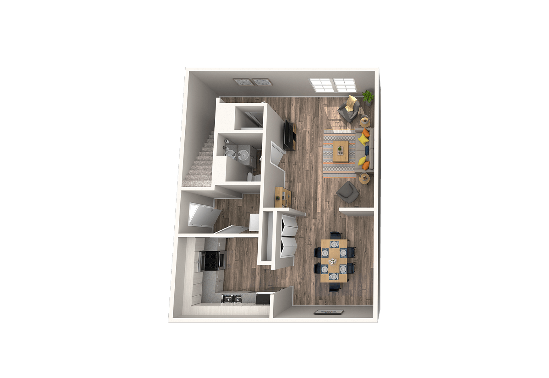 Floor plan with a living room, kitchen, dining area, bathroom, and bedroom.