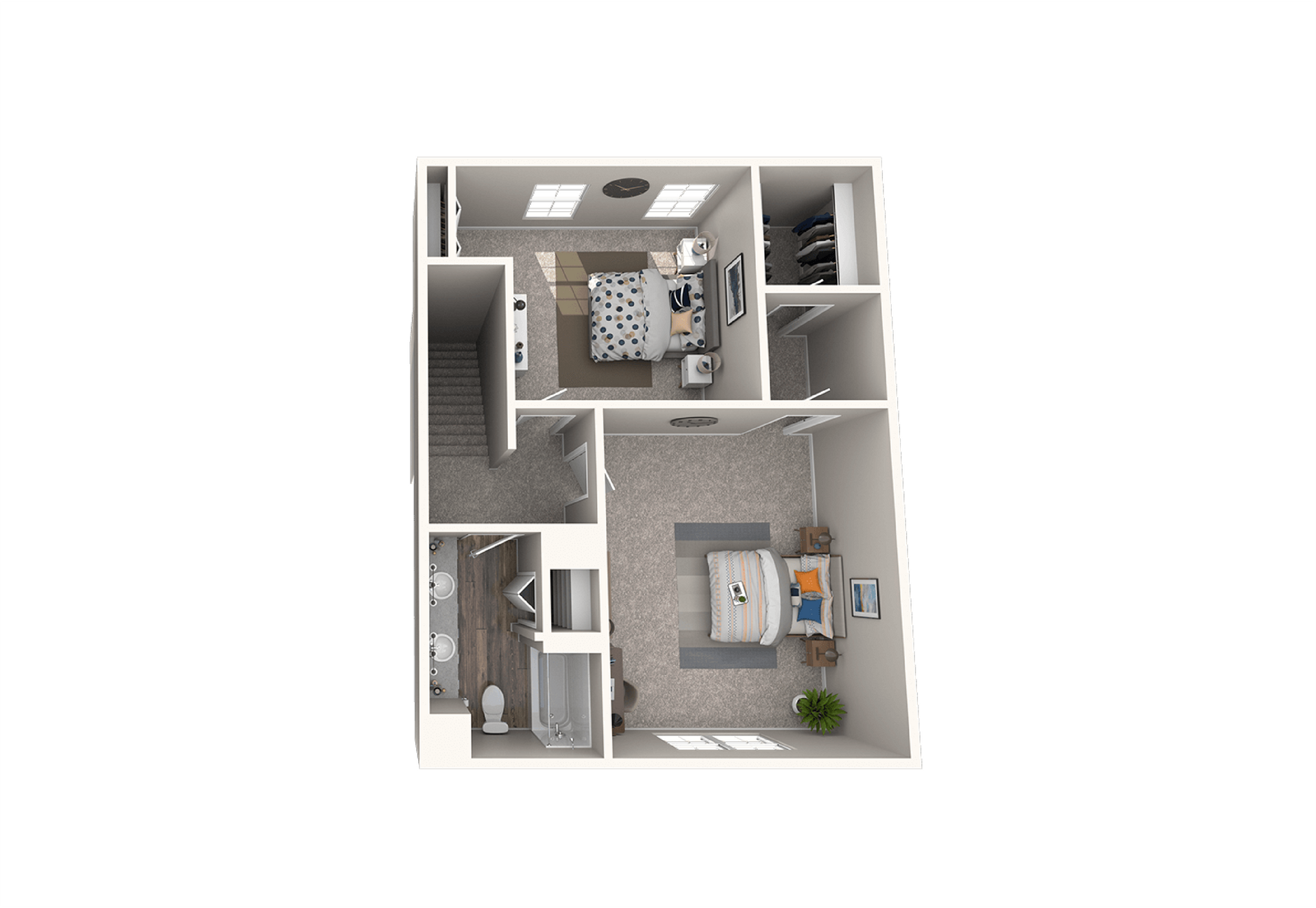 Floor plan of a two-bedroom apartment with bedrooms, bathrooms, and living space visible.