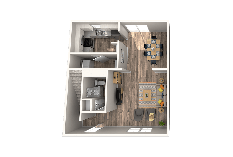 Floor plan of a two-story apartment: kitchen, dining area, living room, laundry, and stairs.