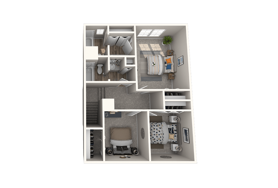 Floor plan of a two-story house with bedrooms, bathrooms, and stairs visible.