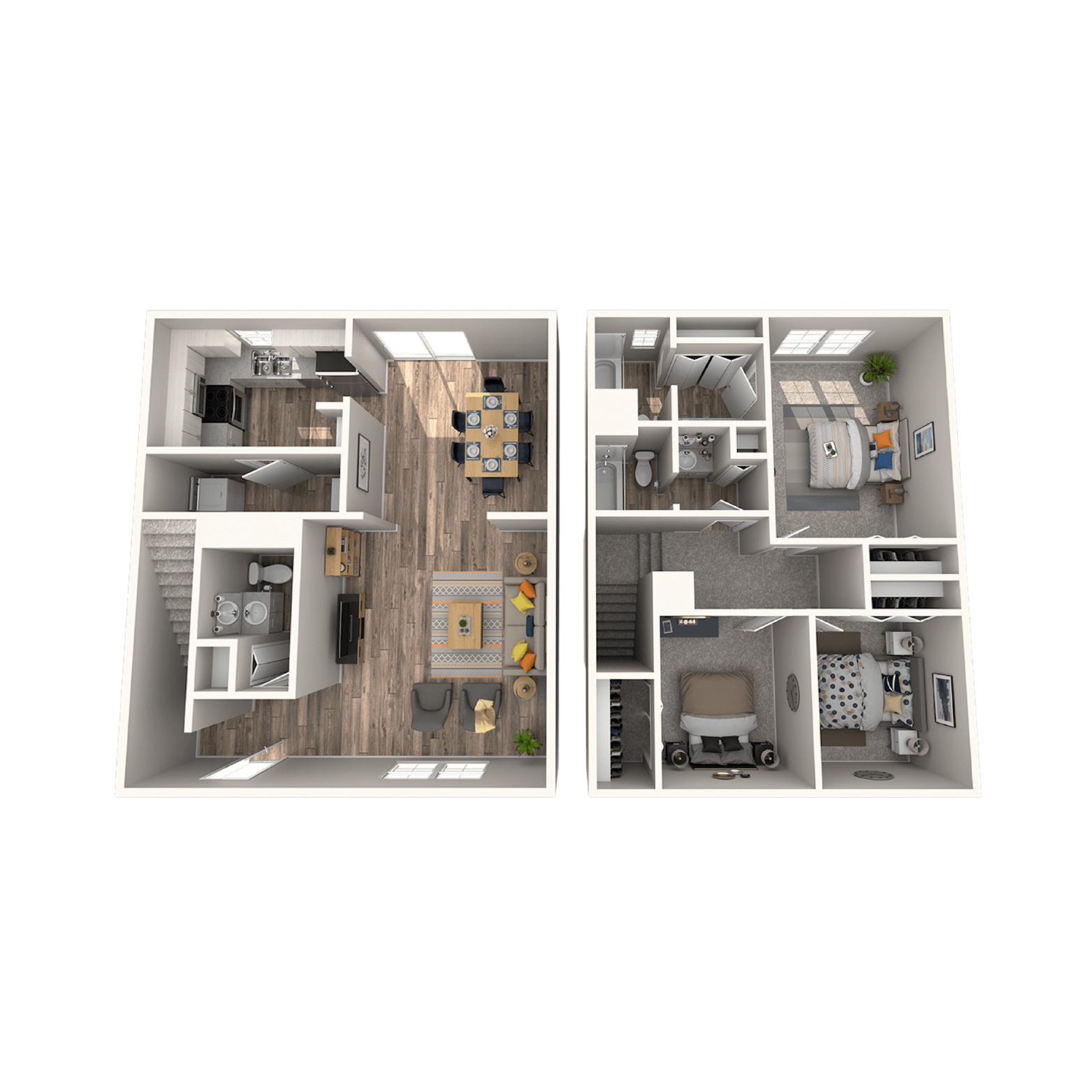 Floor plan of a two-story house. Kitchen, dining, living room, laundry, and stairs. Brown, beige and white color scheme.