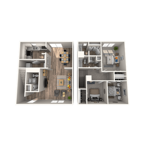 Floor plan of a two-story house. Kitchen, dining, living room, laundry, and stairs. Brown, beige and white color scheme.