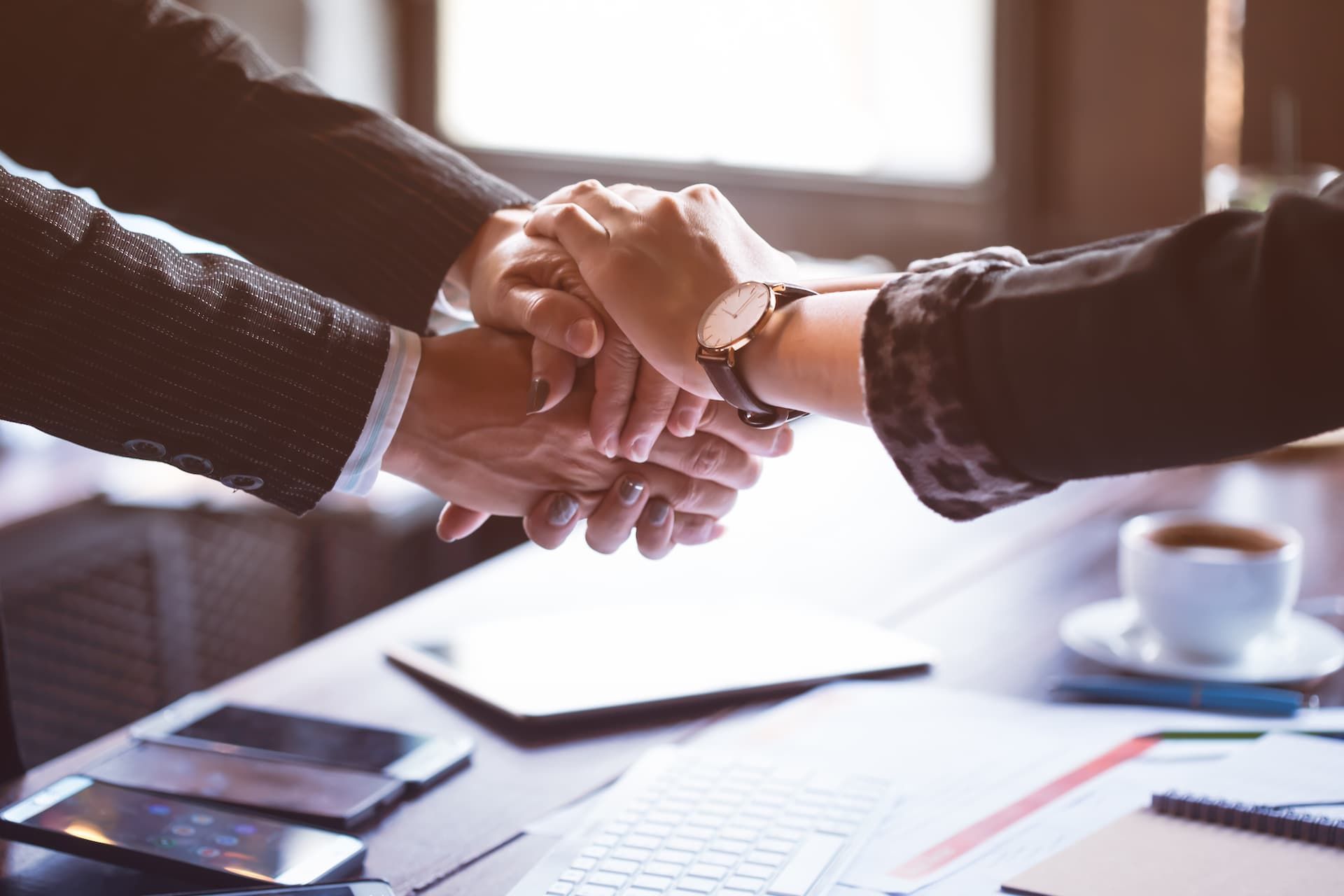 A man and a woman are shaking hands over a table.