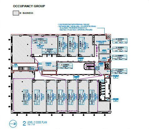 Floor plan of a building, marked as B-Business, with rooms and pathways.