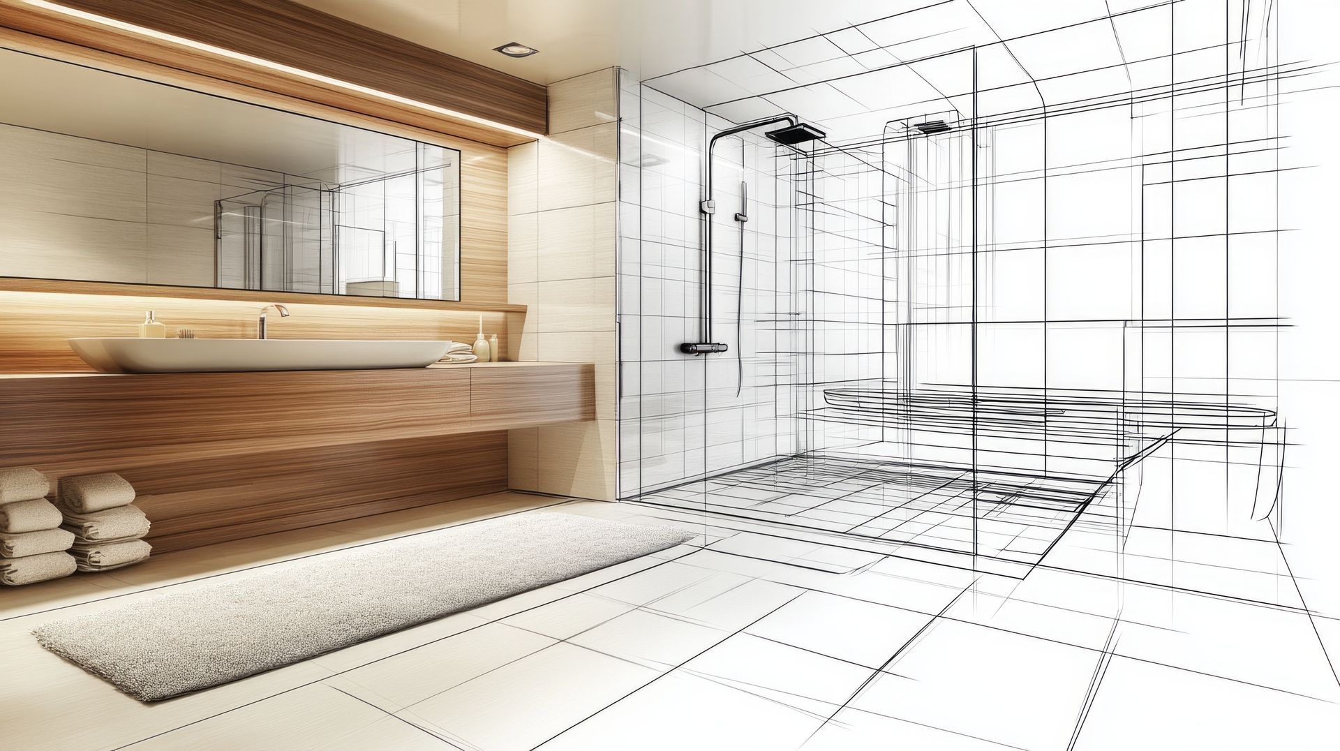 Un dessin en noir et blanc d'une salle de bain avec un lavabo et une douche.