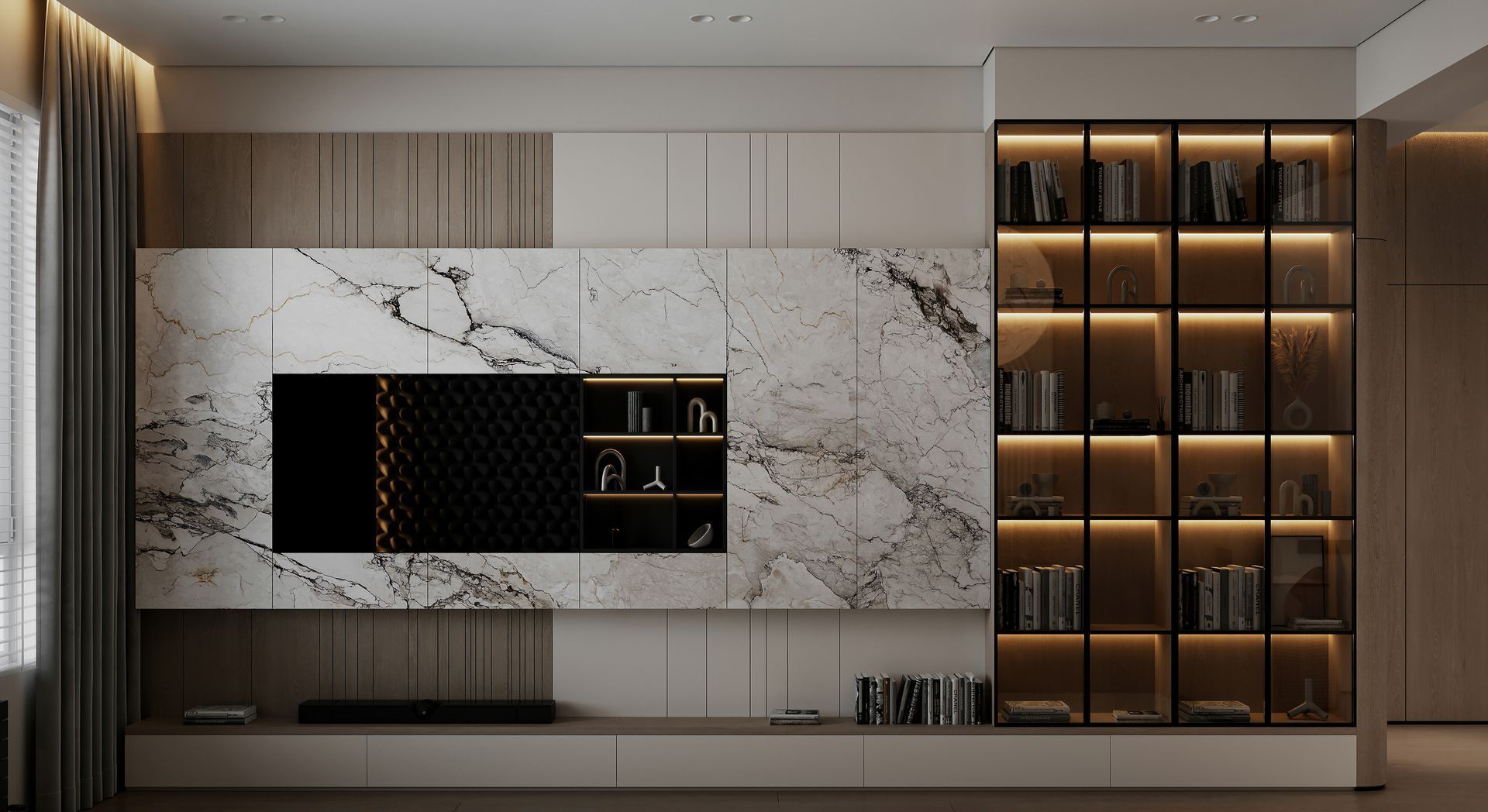 Un salon avec un mur en marbre, une télévision à écran plat et une bibliothèque.