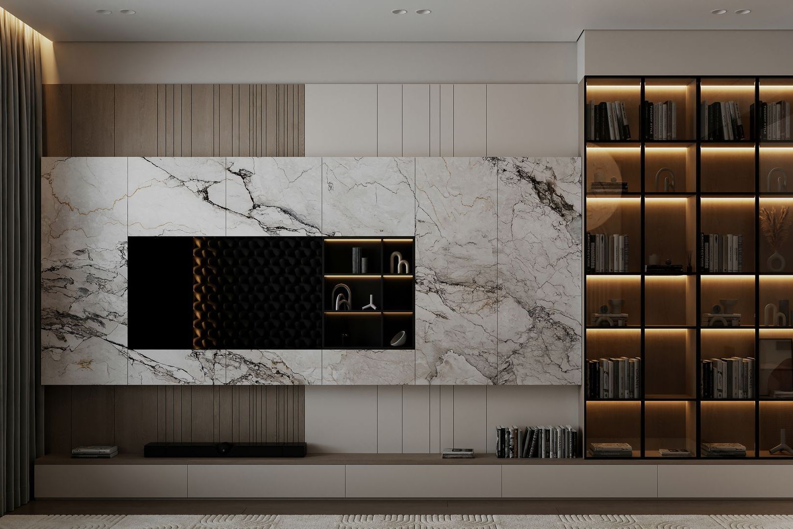 Un salon avec un mur en marbre, une télévision à écran plat et une bibliothèque.