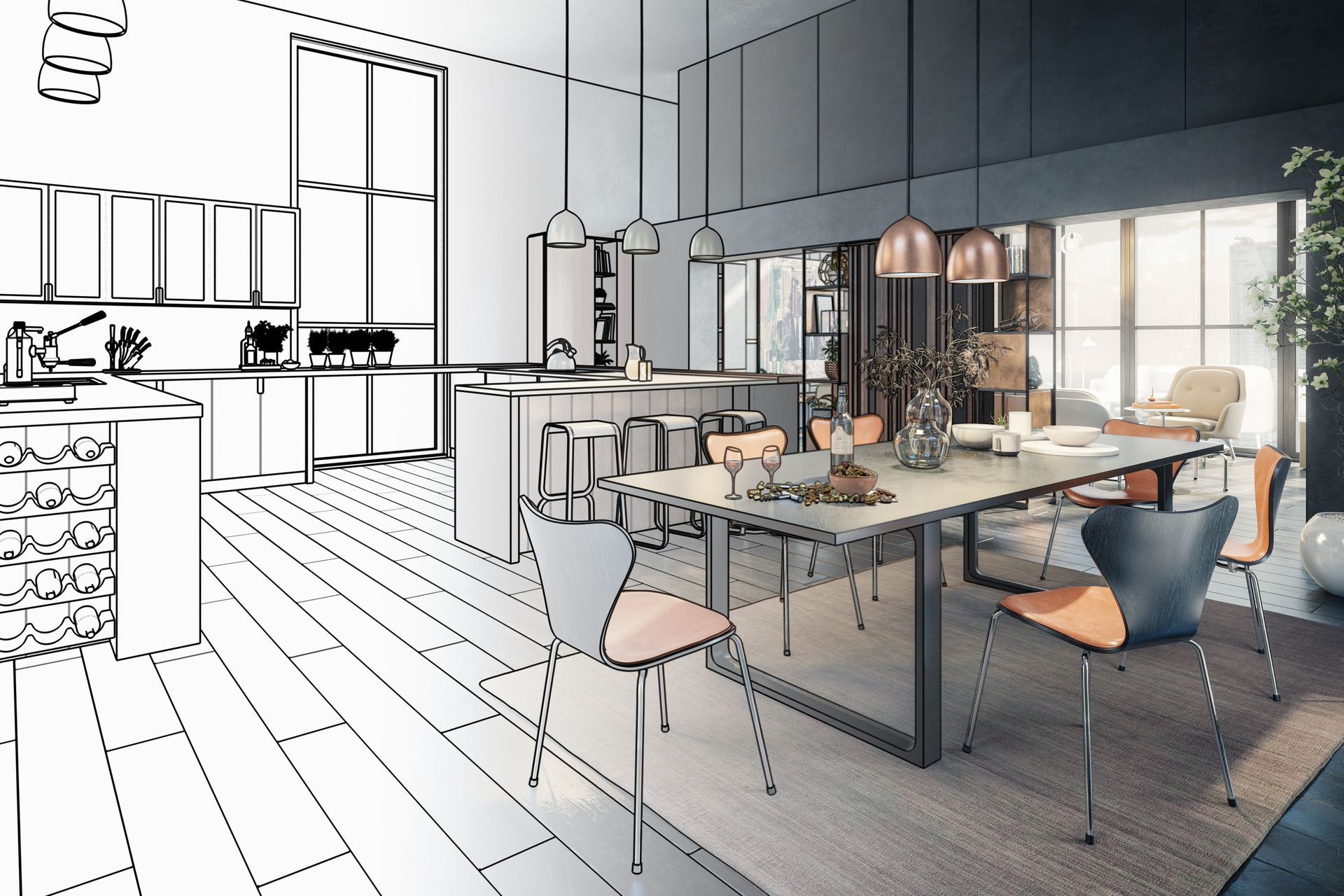 Un dessin en noir et blanc d'une cuisine et d'une salle à manger