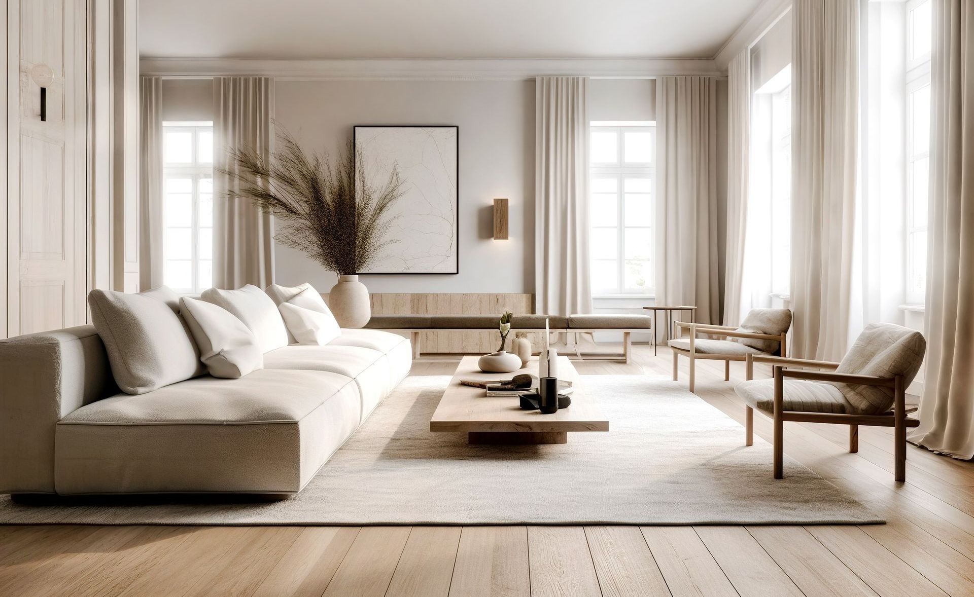 Un salon avec un canapé, des chaises, une table basse et des rideaux.