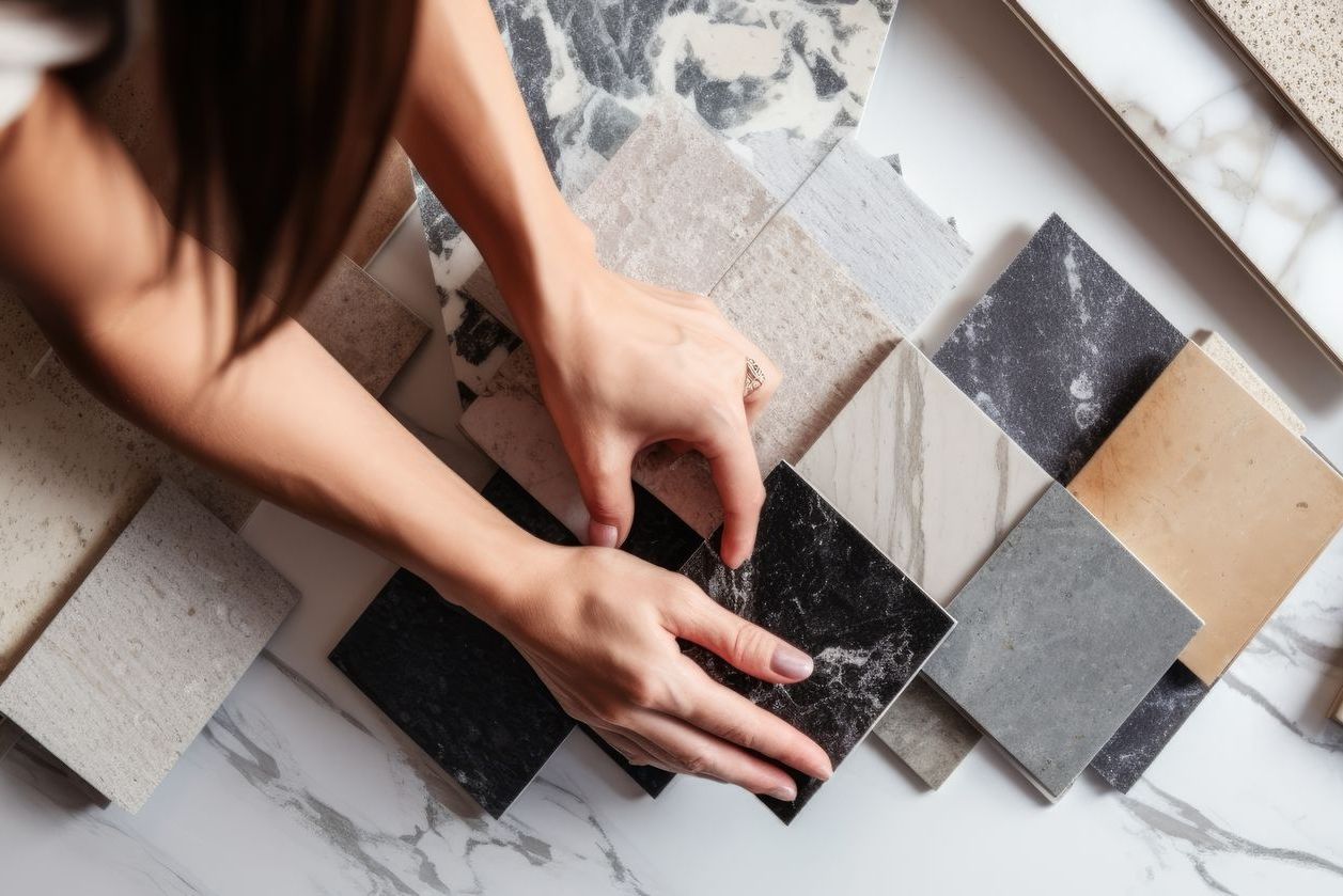 Une femme regarde différents types de carreaux sur une table.