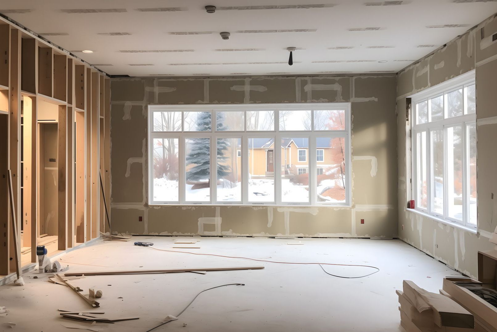 Une grande pièce avec beaucoup de fenêtres est en cours de construction.