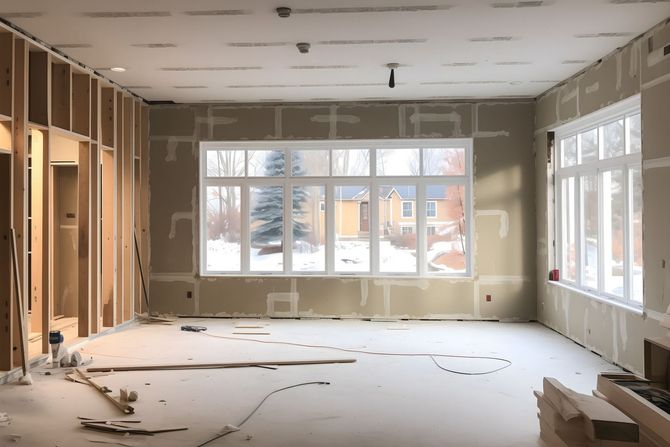 Une grande pièce avec beaucoup de fenêtres est en cours de construction.