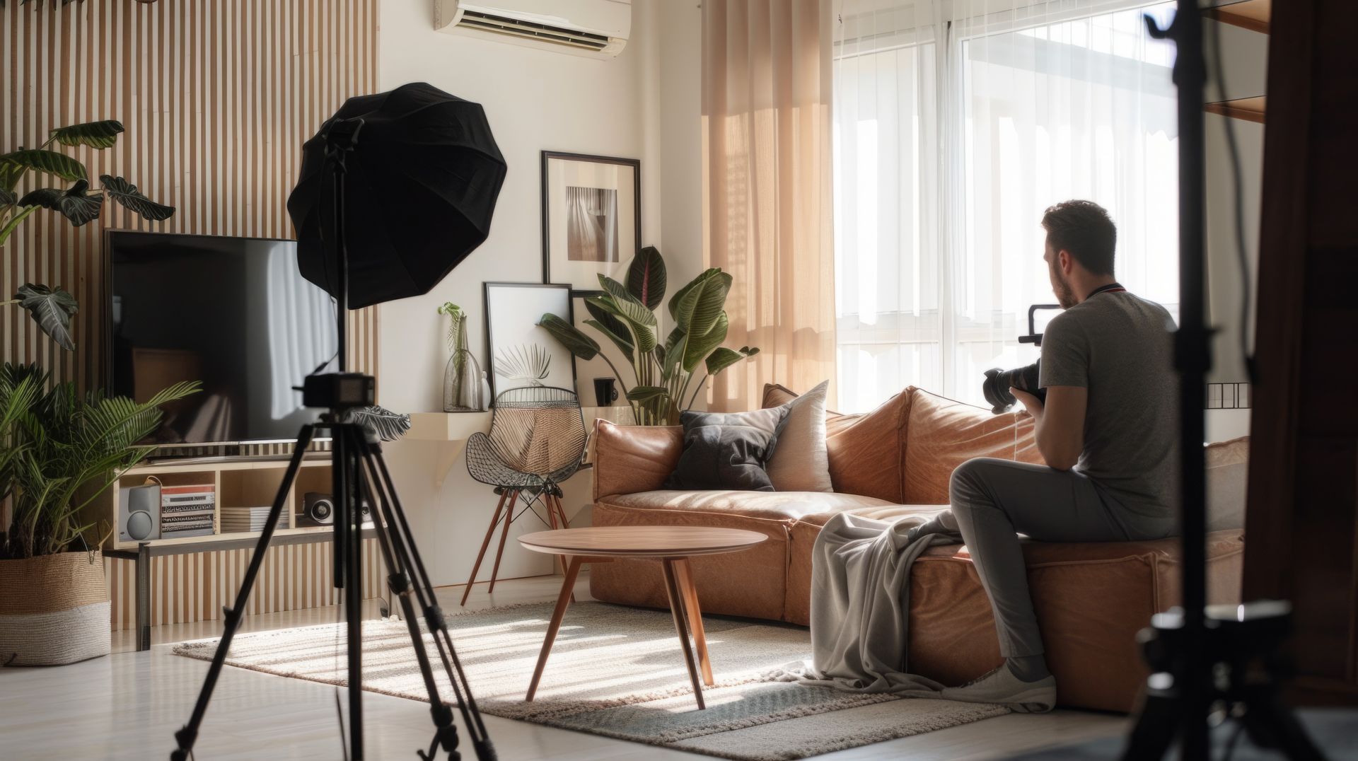 Photographe filmant dans un salon équipé de lumières de studio, de plantes et d'un canapé.