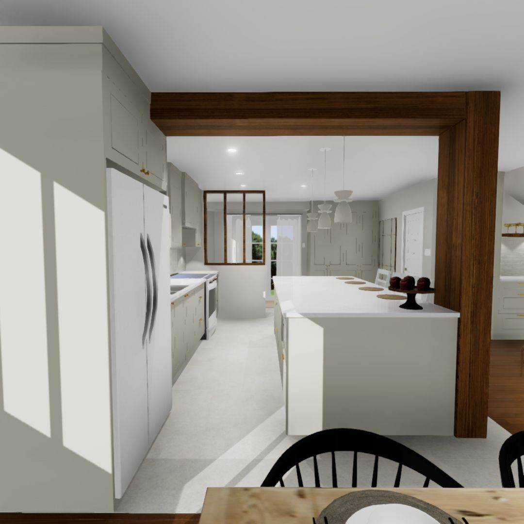 Une image générée par ordinateur d'une cuisine et d'une salle à manger