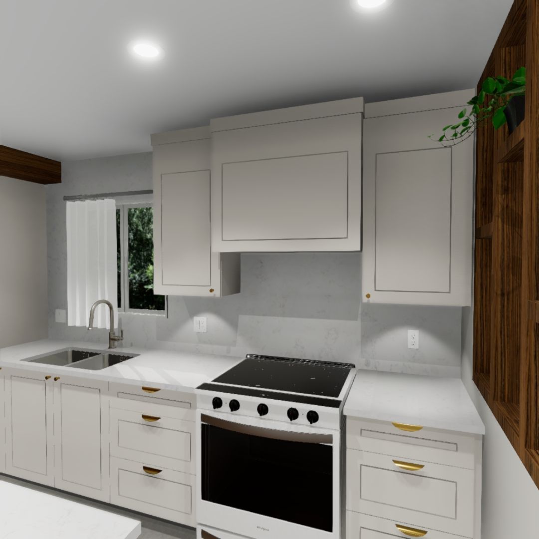 Cuisine blanche avec cuisinière, armoires et fenêtre.