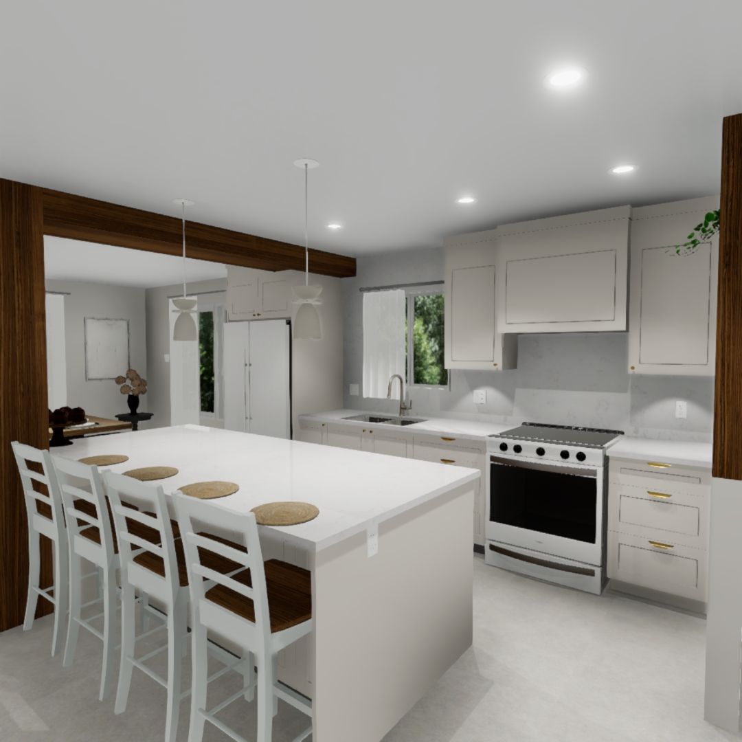 Cuisine blanche moderne avec îlot, sièges et appareils électroménagers en acier inoxydable. Modélisé en 3D