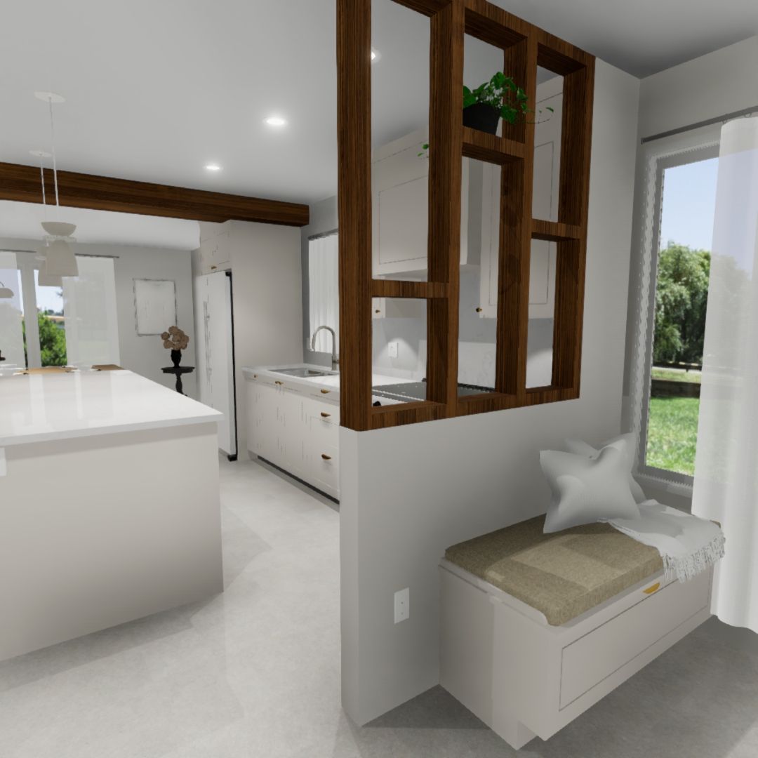 Cuisine avec îlot bleu, comptoirs blancs, quincaillerie dorée et deux tabourets.