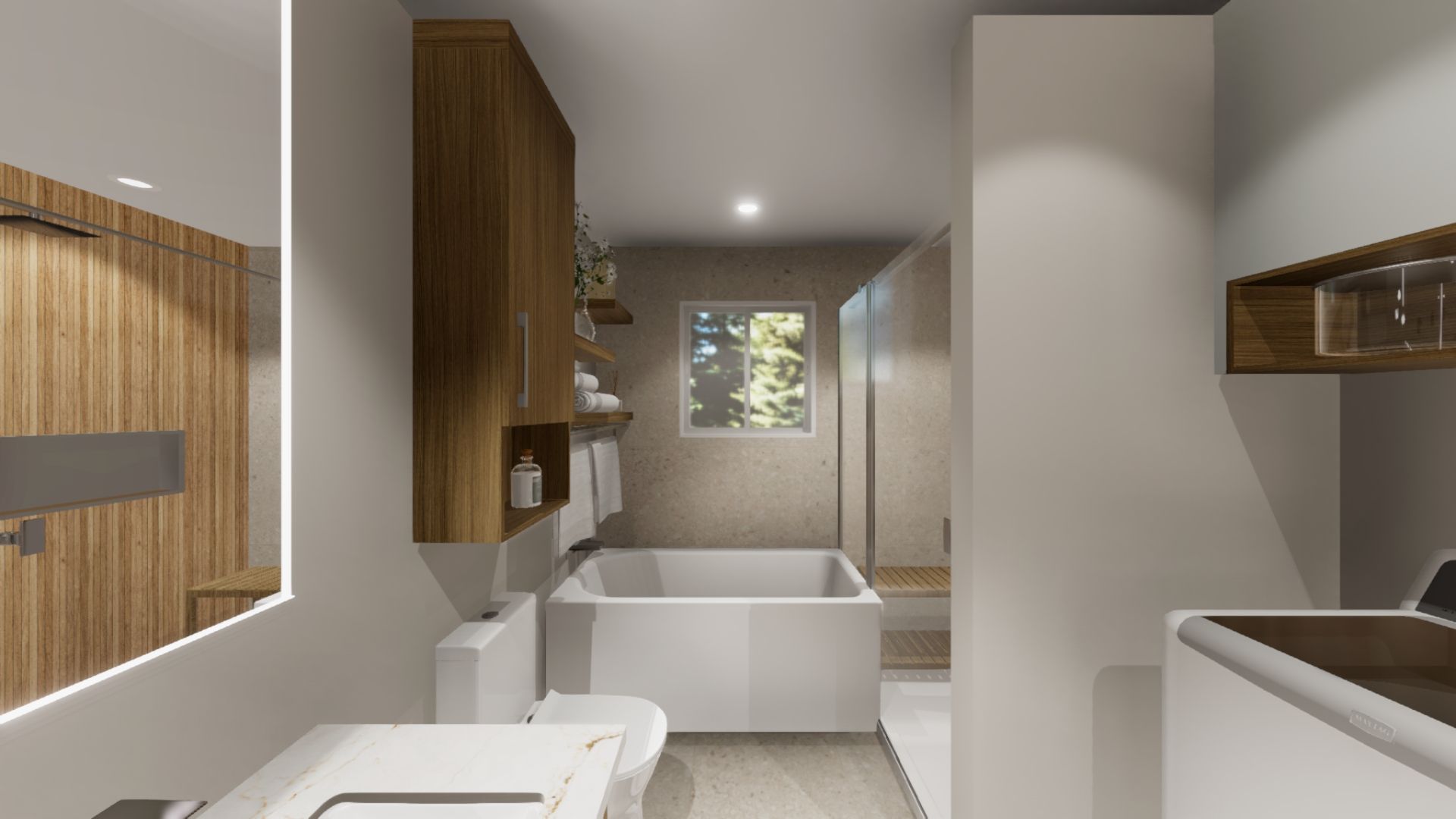 Une salle de bain avec baignoire, WC, lavabo et miroir.
