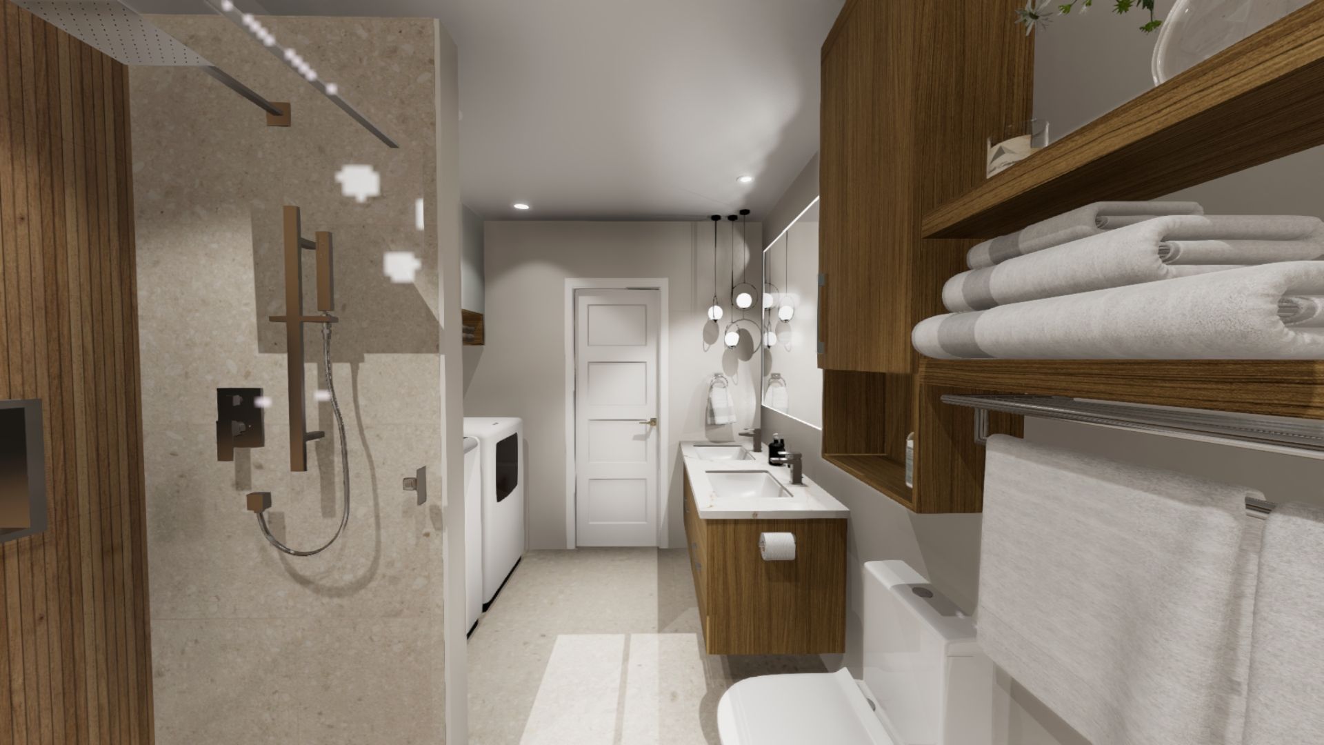 Une salle de bain avec WC, lavabo et douche.