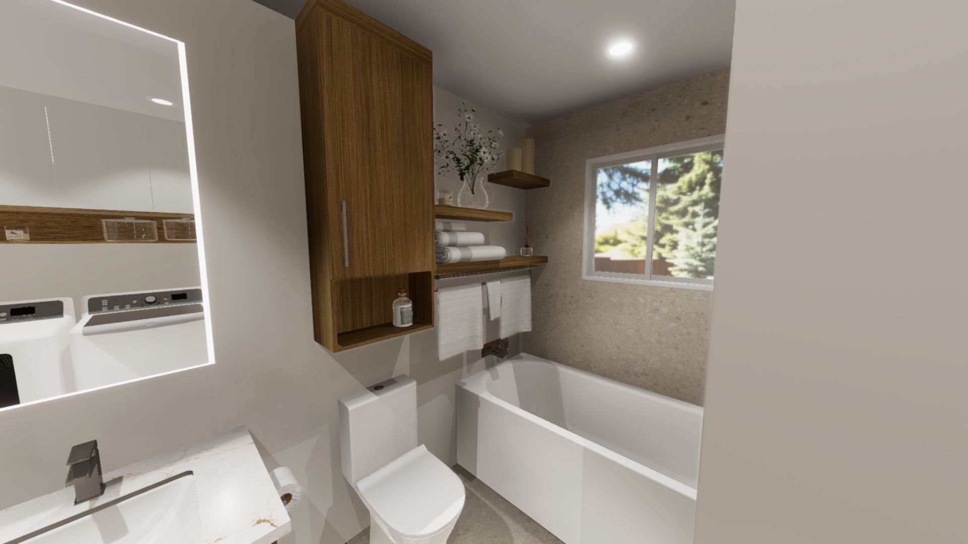 Une salle de bain avec WC, lavabo, baignoire et miroir.