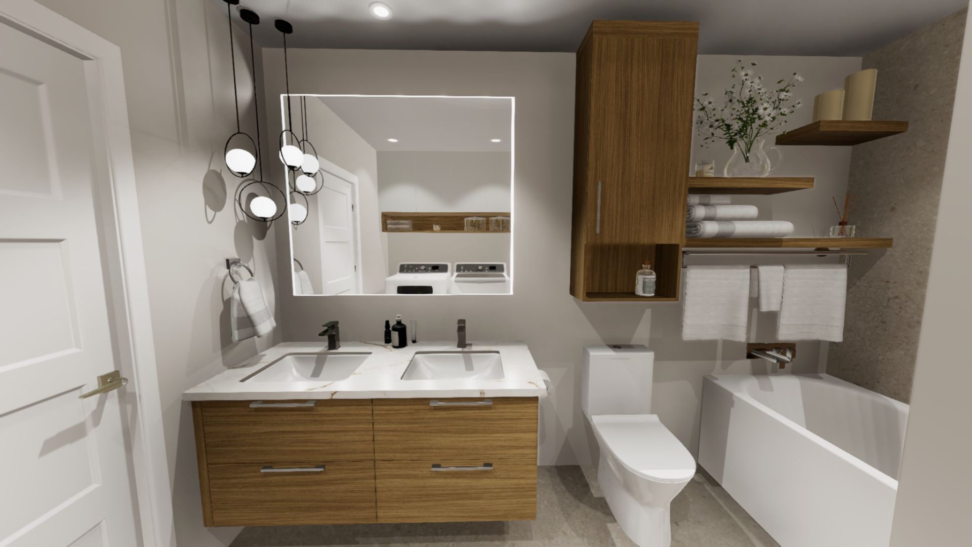 Salle de bain moderne avec vanité en bois, grand miroir et baignoire.