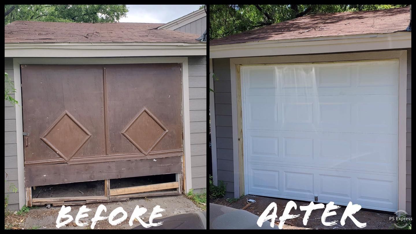 Garage door before and after renovation: brown, damaged door replaced with a white, modern door.