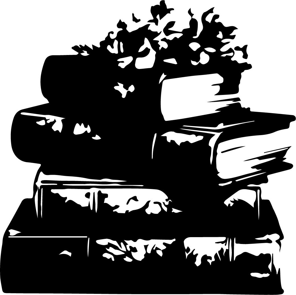 A black and white drawing of a stack of books with a tree in the middle.