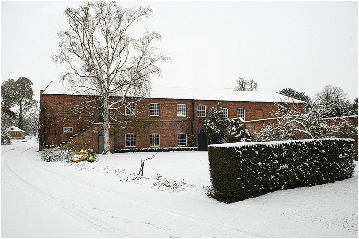 Exterior view of the cafe during winter in the snow