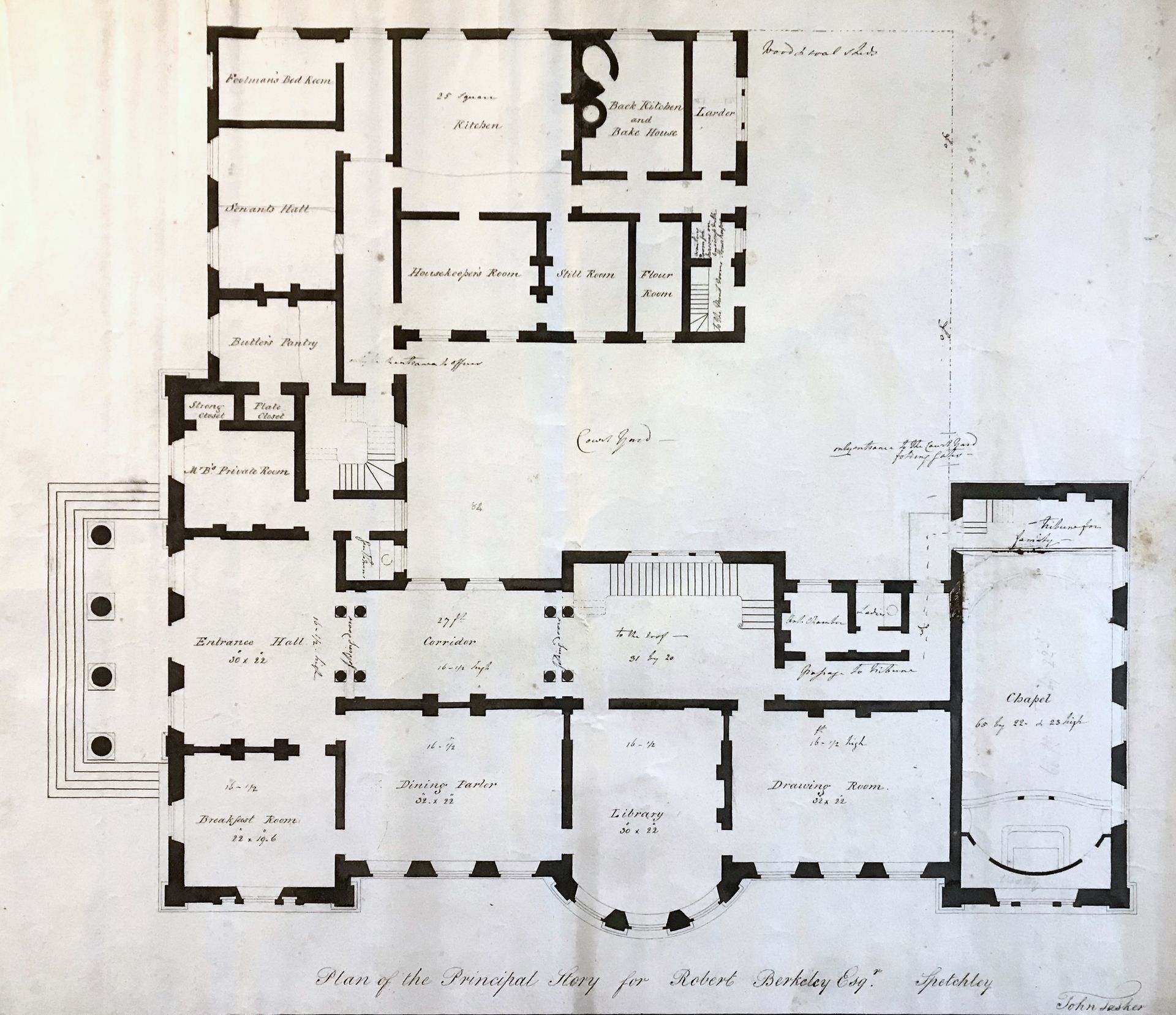 A hand drawn floor plan of the main building